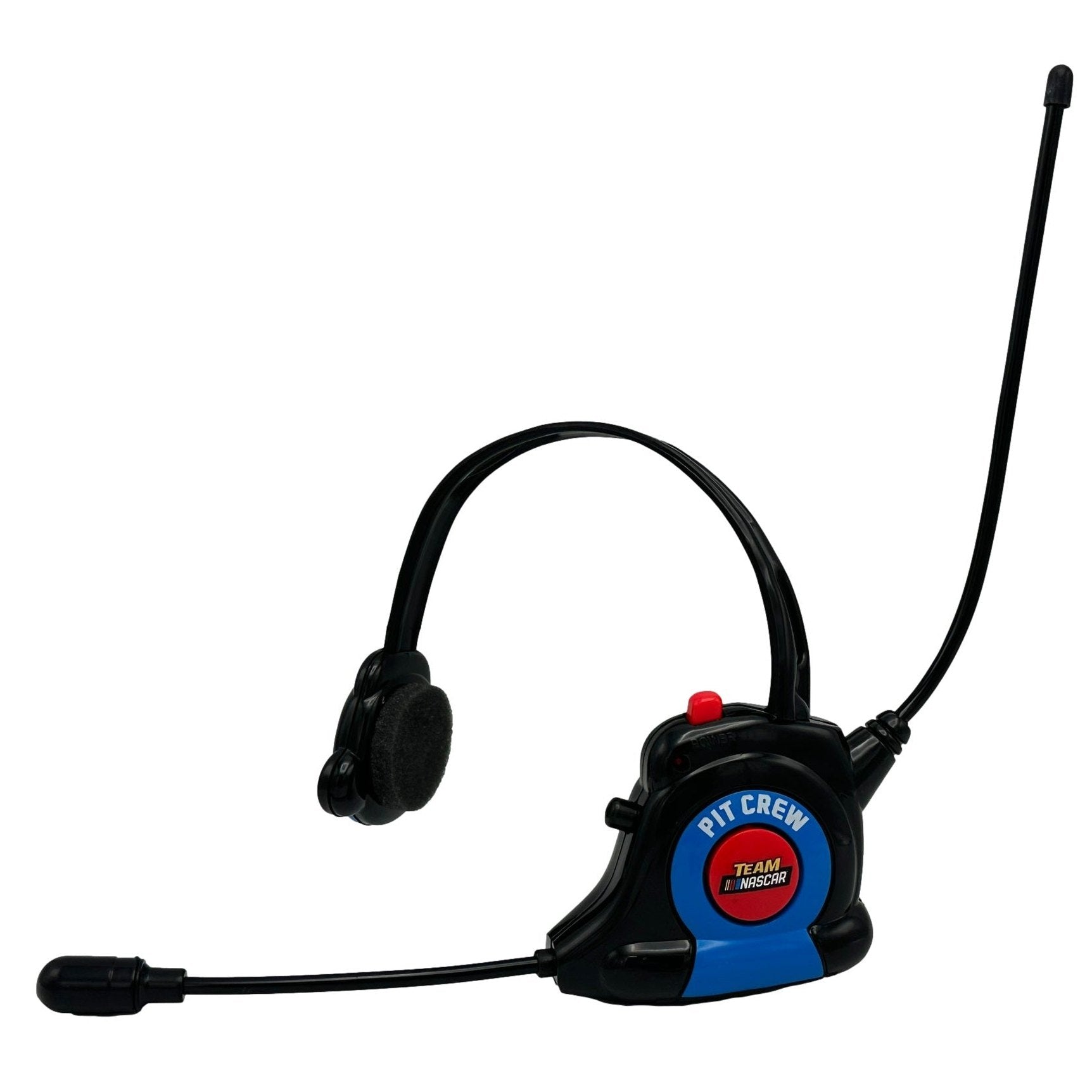 Black headset with blue and red accents.