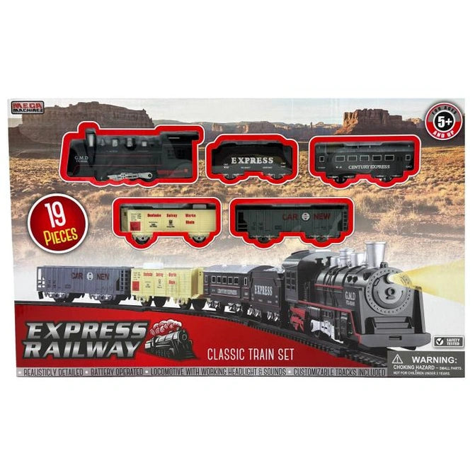A toy train set in its packaging with a variety of train cars displayed above an image of the assembled train.