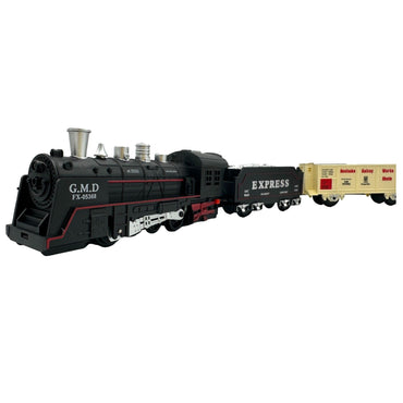 A toy train with a black engine and a beige carriage.