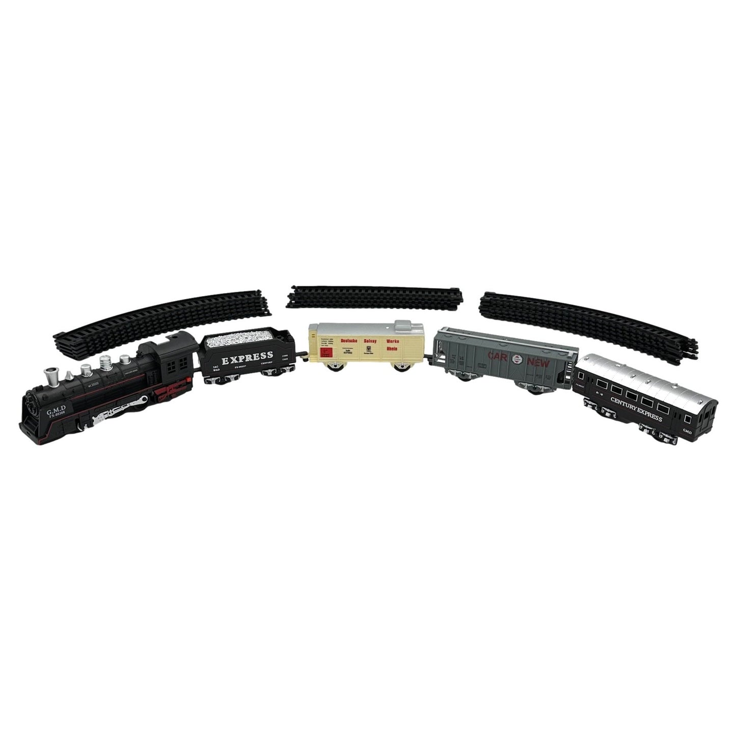 A toy train set with a black locomotive, several cars, and black tracks.