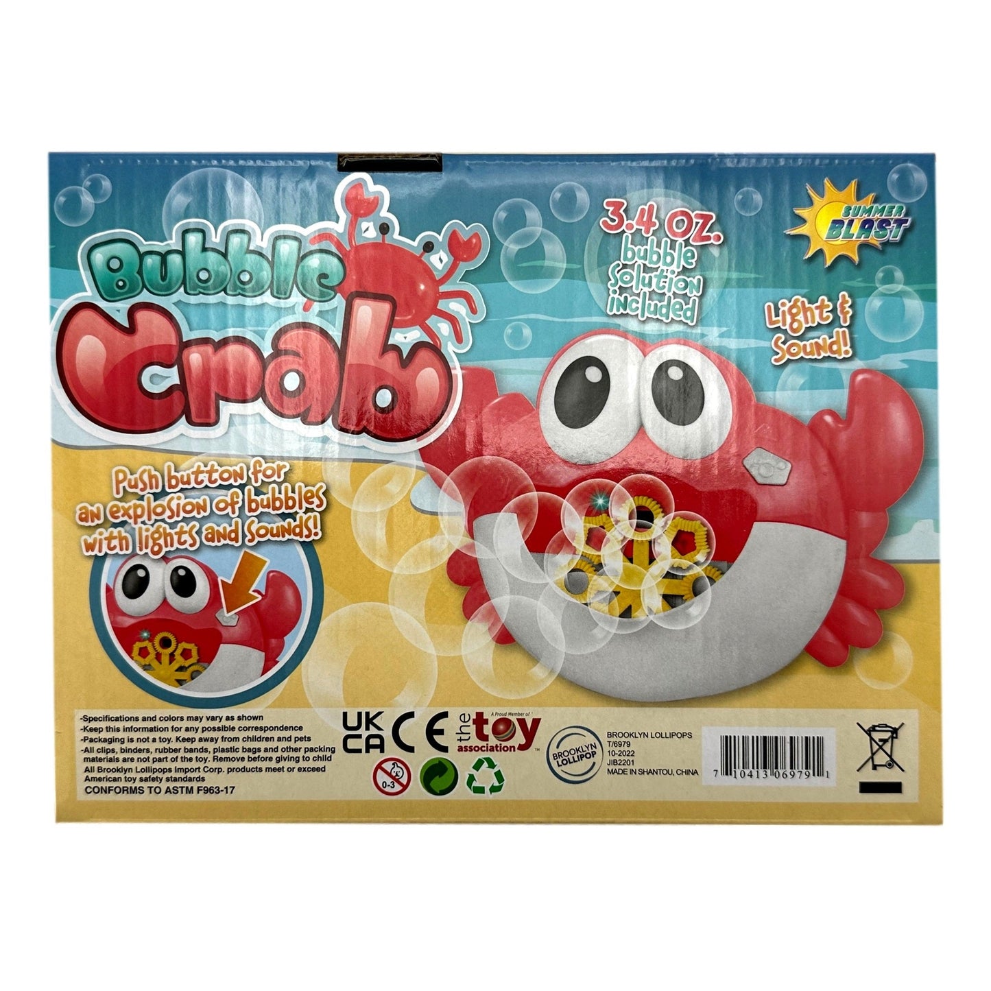 Packaging for a "Bubble Crab" toy, featuring a cartoon crab that blows bubbles with lights and sound.