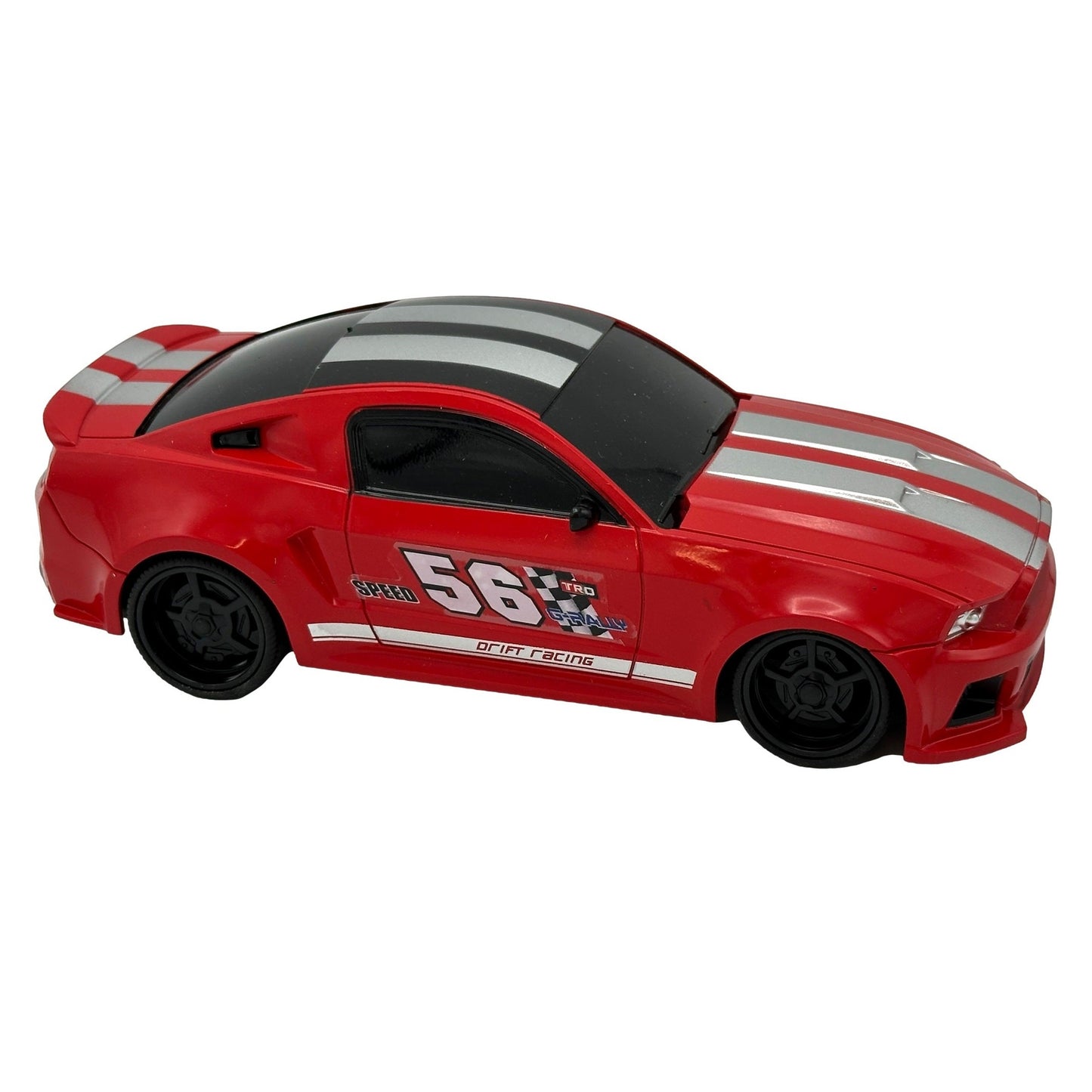 Red toy race car with gray stripes.