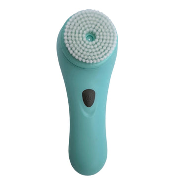 Aqua colored facial cleansing brush with white bristles and a power button.