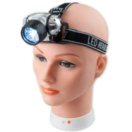 A mannequin head wearing a headlamp with the words "LED HEAD."