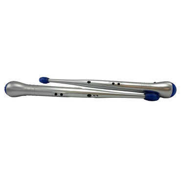Two silver electronic drumsticks with blue tips.