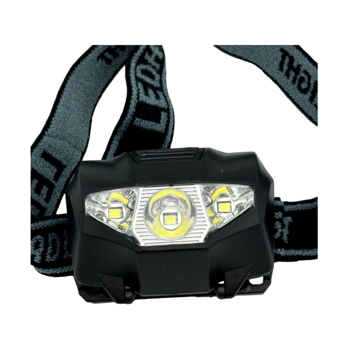 Black headlamp with adjustable gray strap.