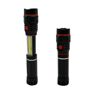 Two black LED flashlights, one extended and one compact.