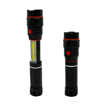 Two black LED flashlights, one extended and one compact.
