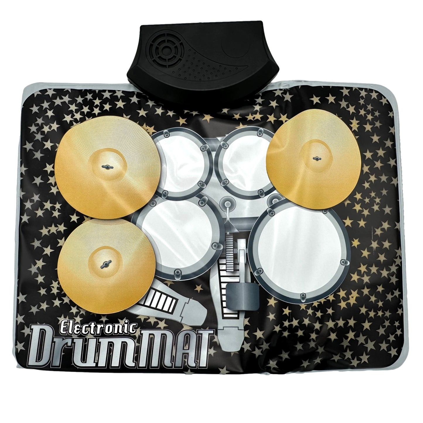 An electronic drum mat with four drums, four cymbals, and a pedal graphic on a star-patterned background.