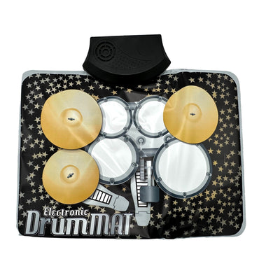 An electronic drum mat with four drums, four cymbals, and a pedal graphic on a star-patterned background.