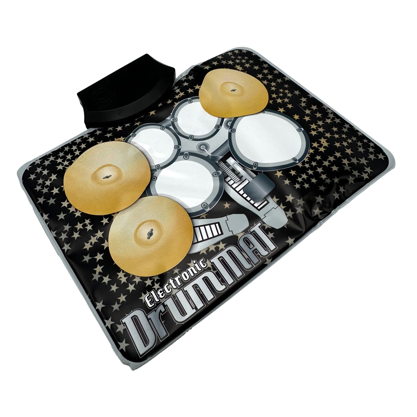 Electronic drum mat with drum pedal and cymbal attachments.