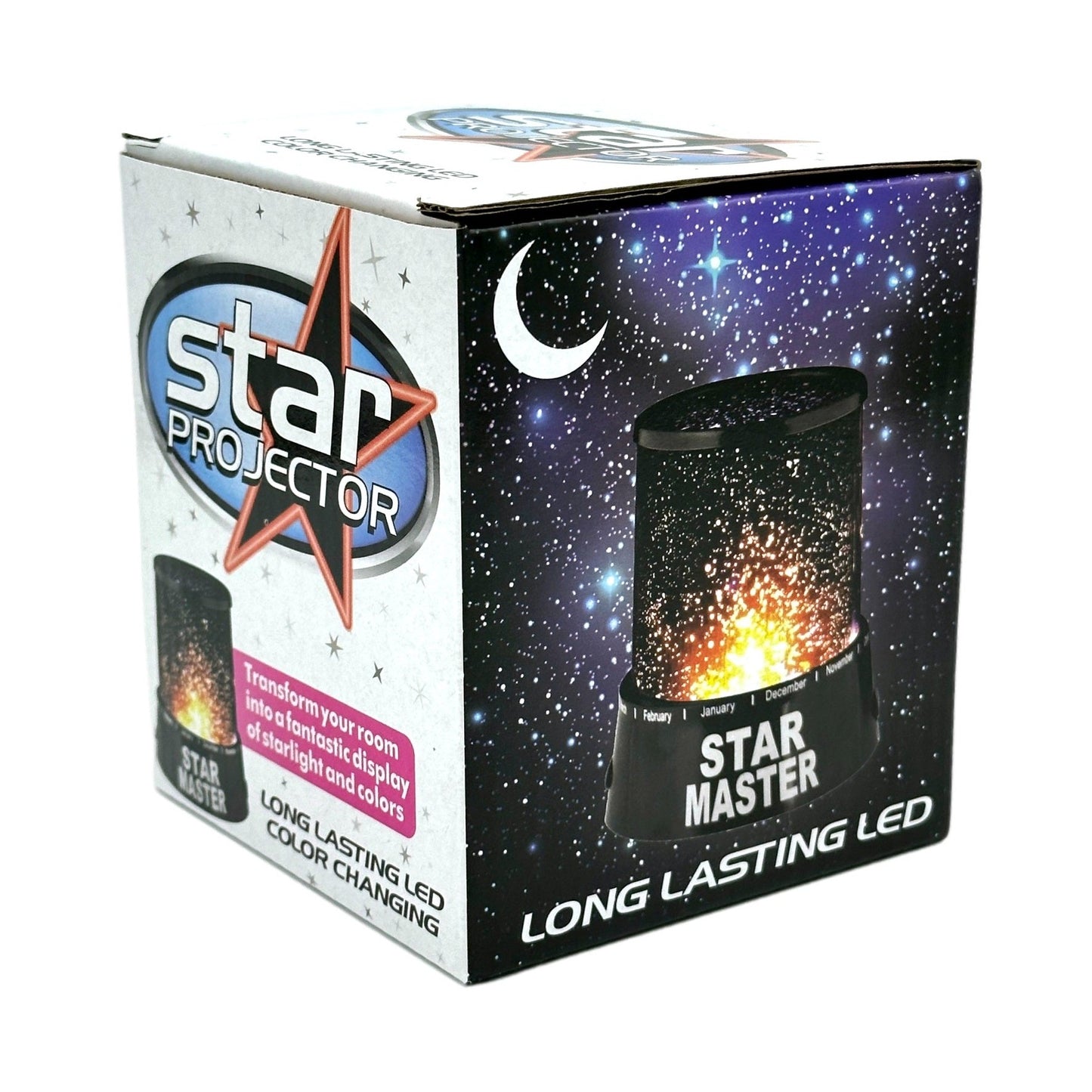 Box of "Star Master" projector with image of stars and moon.