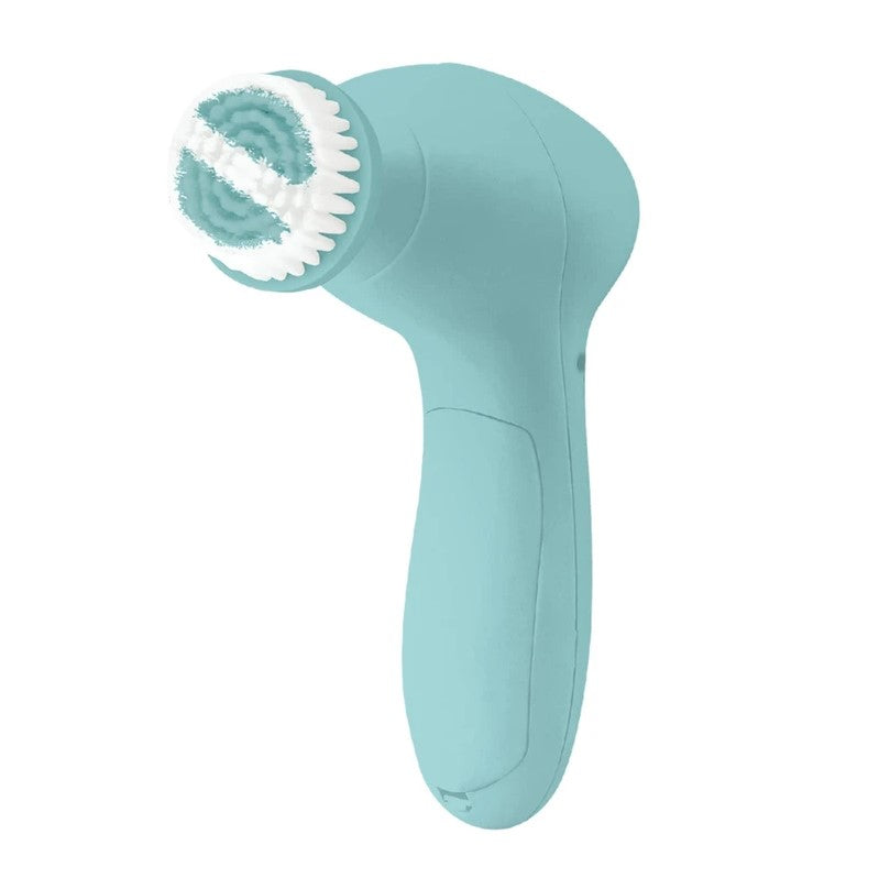 Light blue electric facial cleansing brush with rotating brush head.