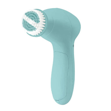 Light blue electric facial cleansing brush with rotating brush head.