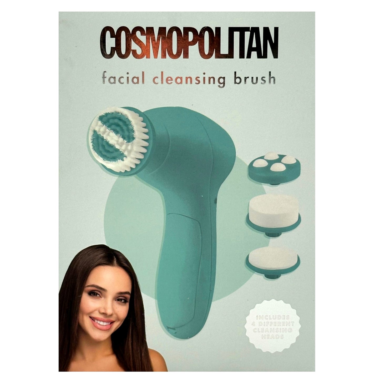 Cosmopolitan facial cleansing brush with a smiling model on the package.