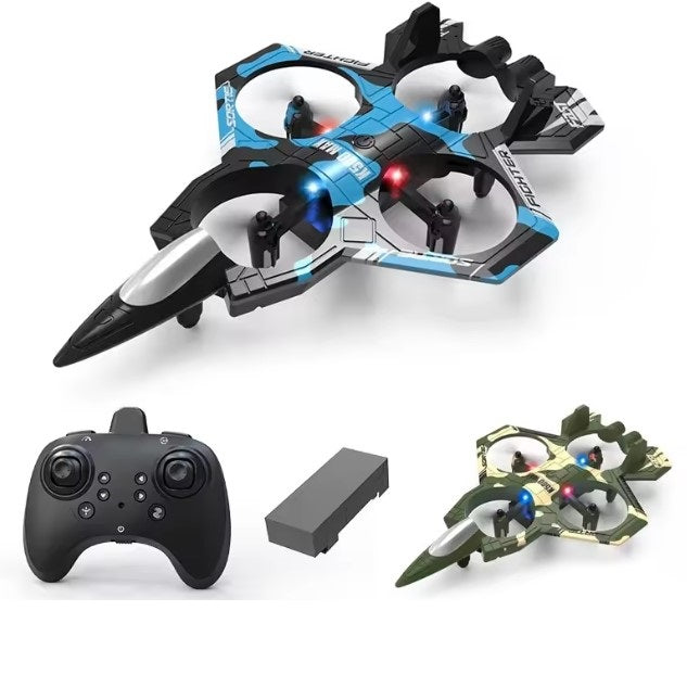 Product shot of a blue fighter jet-shaped drone, its remote control, and its battery. A smaller green fighter jet-shaped drone also shown.
