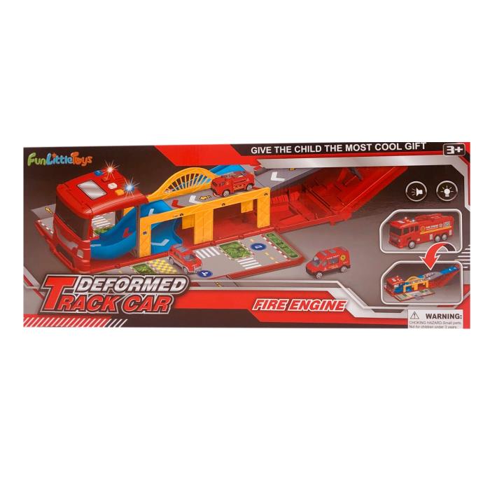Boxed "Deformed Track Car" Fire Engine toy set.