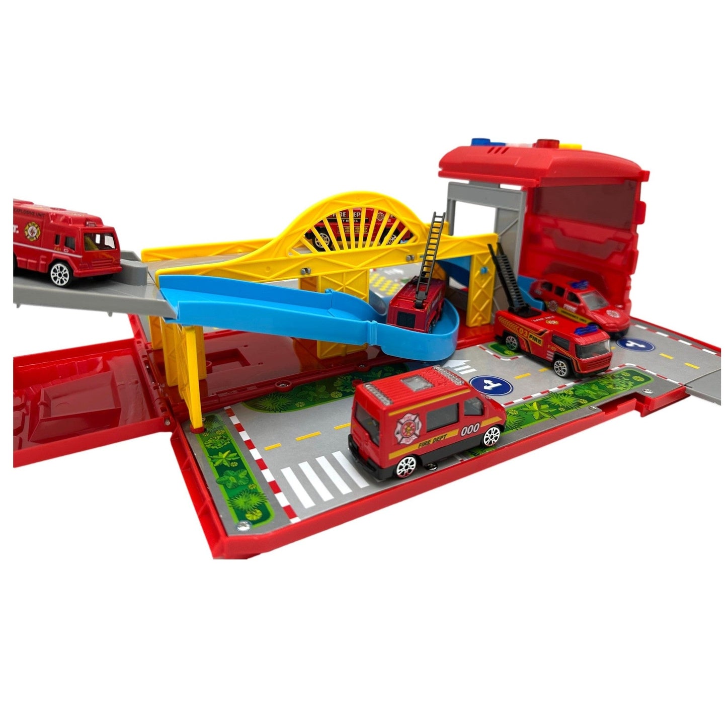 Toy fire station with toy fire trucks and fire engine.