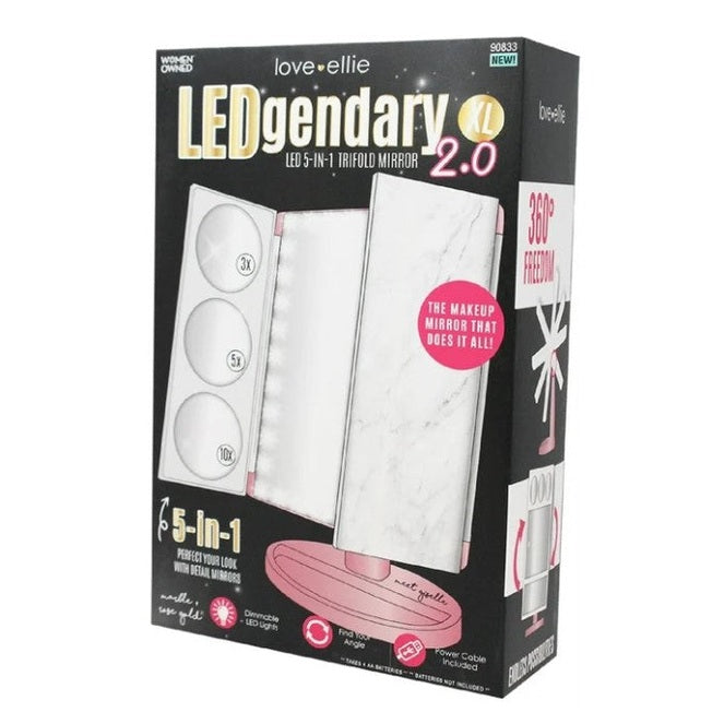 Product packaging for a Love Ellie LEDgendary LED 5-in-1 trifold makeup mirror.