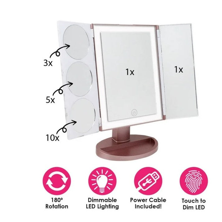 Rose gold tri-fold LED vanity mirror with magnifying mirrors.