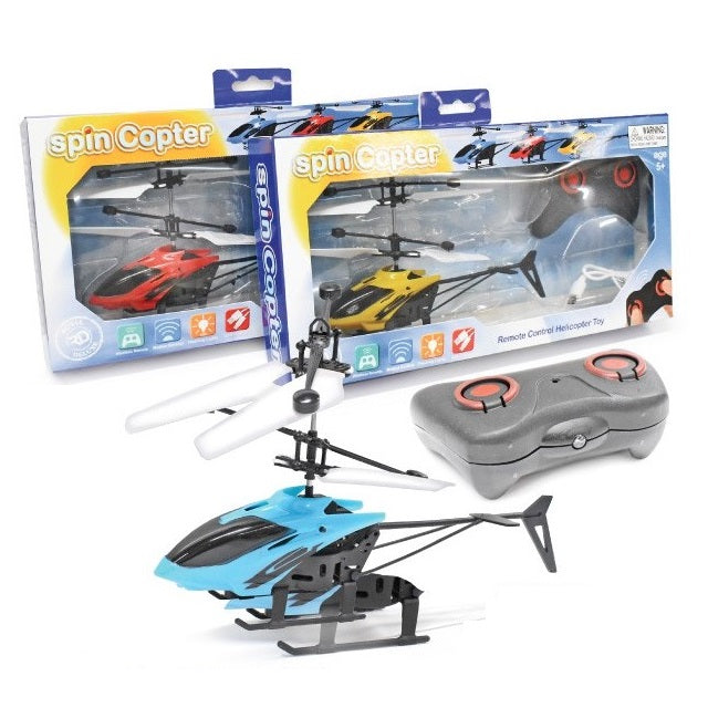 Product shot of remote-control helicopters in blue, red, and yellow, along with their packaging and a gray remote controller.