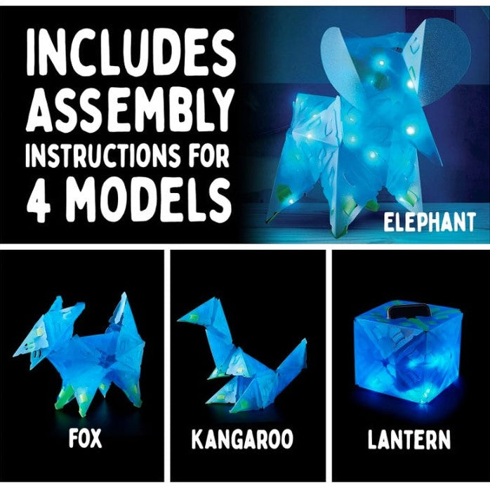 Four origami models: an elephant, a fox, a kangaroo, and a lantern. The words "Includes Assembly Instructions for 4 Models" are shown at the top left of the image.