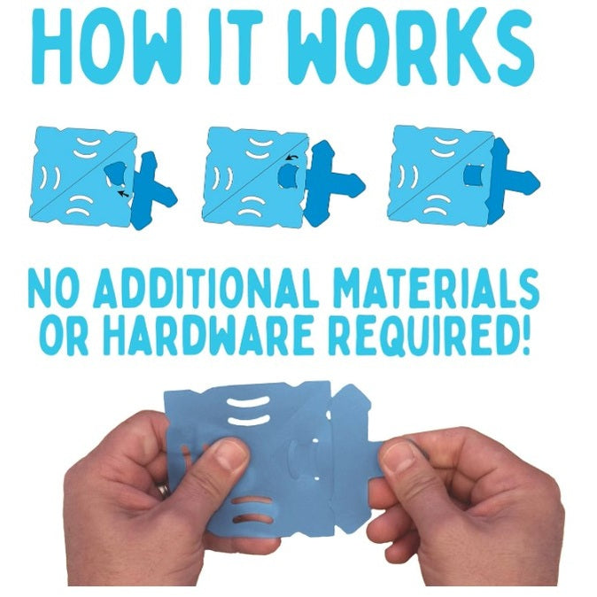 Product instruction image showing how to assemble a blue cardboard toy without additional materials.