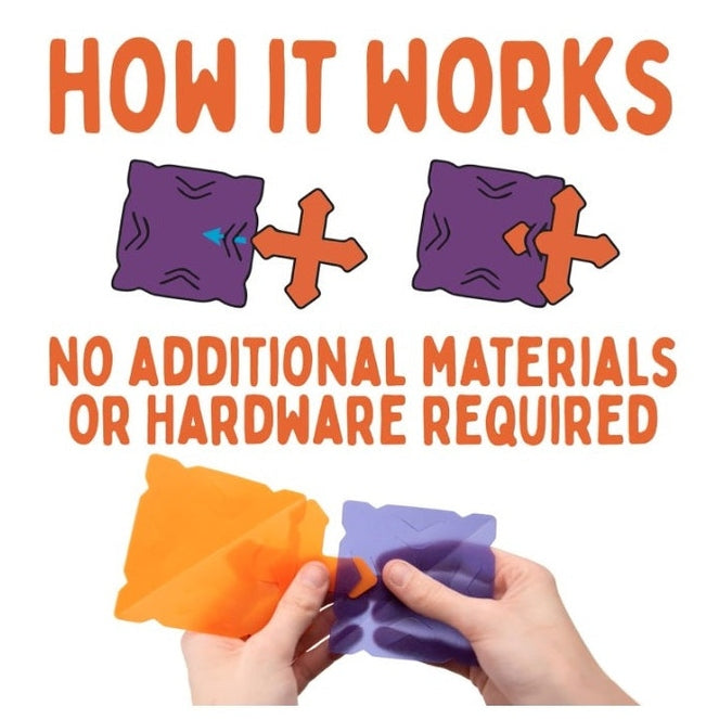 Product image showing how orange and purple shapes connect together. Text says "How it works" and "no additional materials or hardware required."
