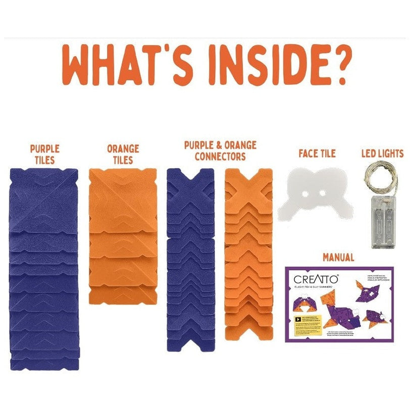 Several stacks of purple and orange construction tiles and connectors, a white face tile, LED lights, and an instruction manual under the question "What's Inside?".