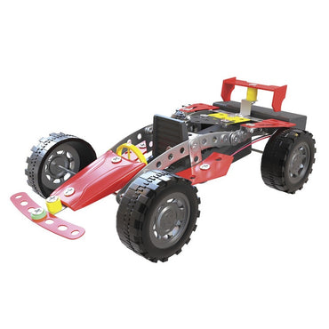 Toy race car made of metal and plastic components.