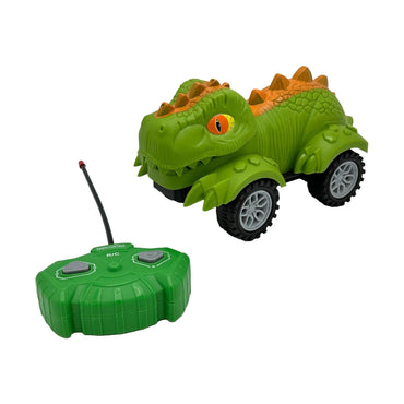 Toy car, dinosaur shaped, with remote control. Green and orange with four wheels.