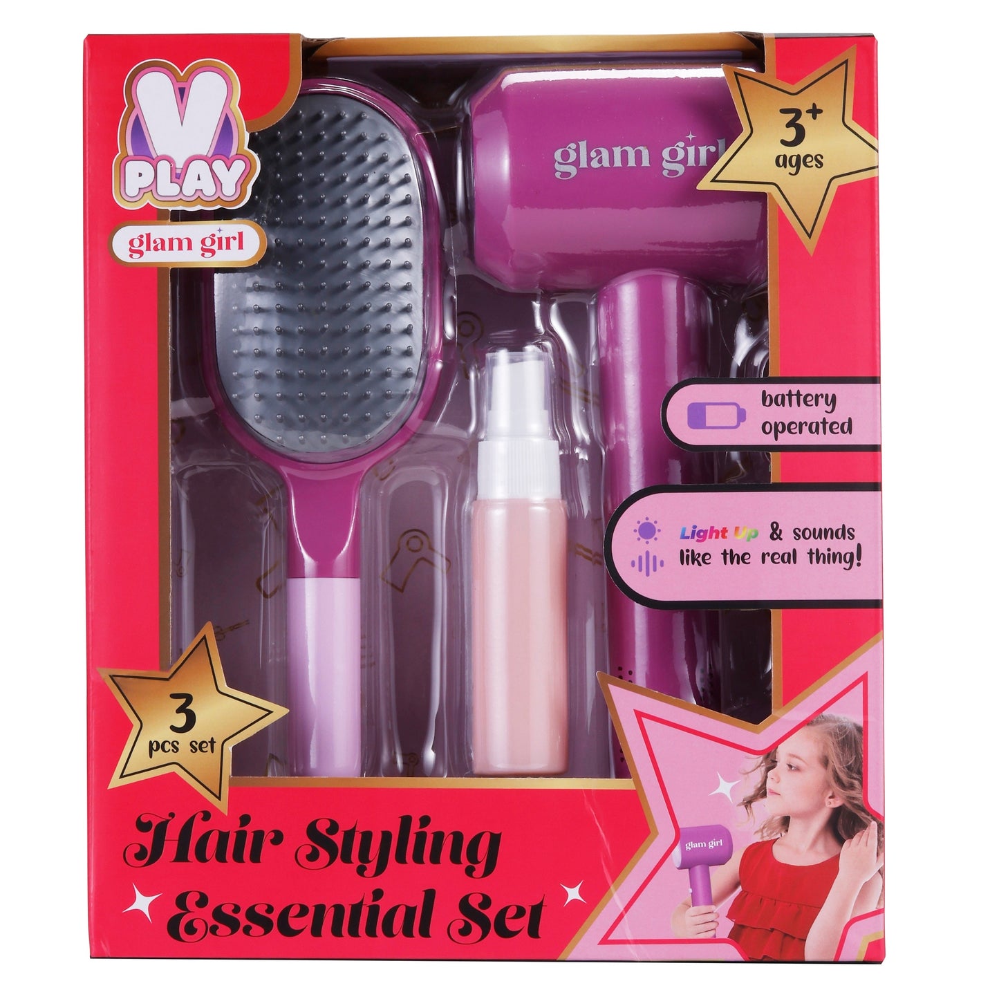 Pink toy hair styling set in packaging.