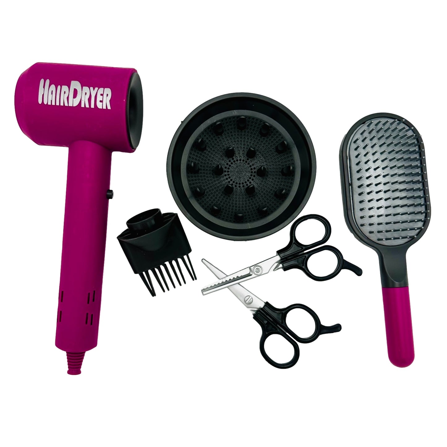 Hairdresser toy kit with hairdryer, brush, scissors, and attachments.