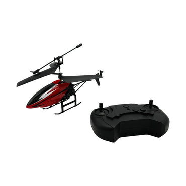 Red and black toy helicopter with controller.