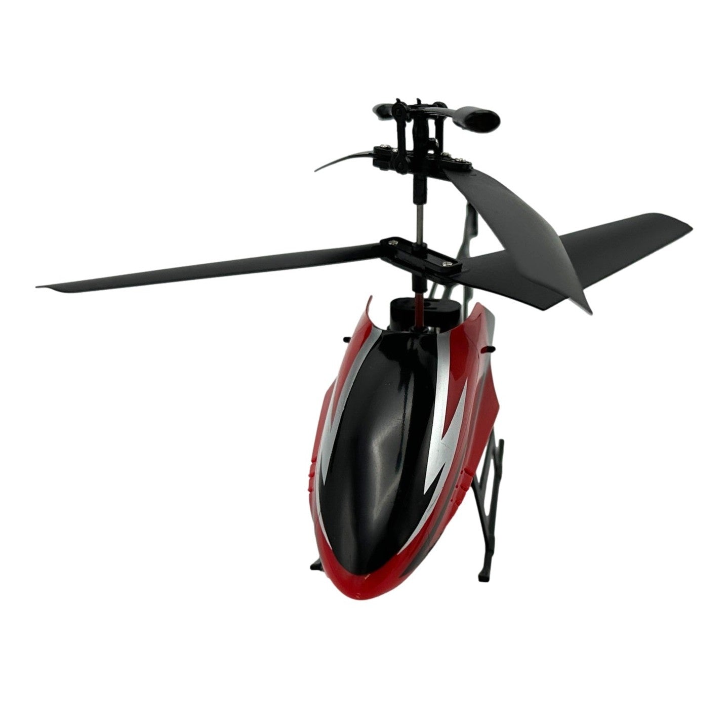 A red and black toy helicopter.