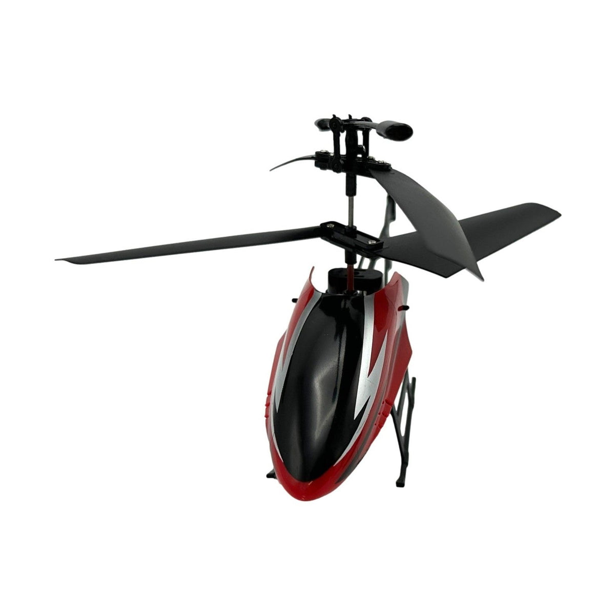 A red and black toy helicopter.