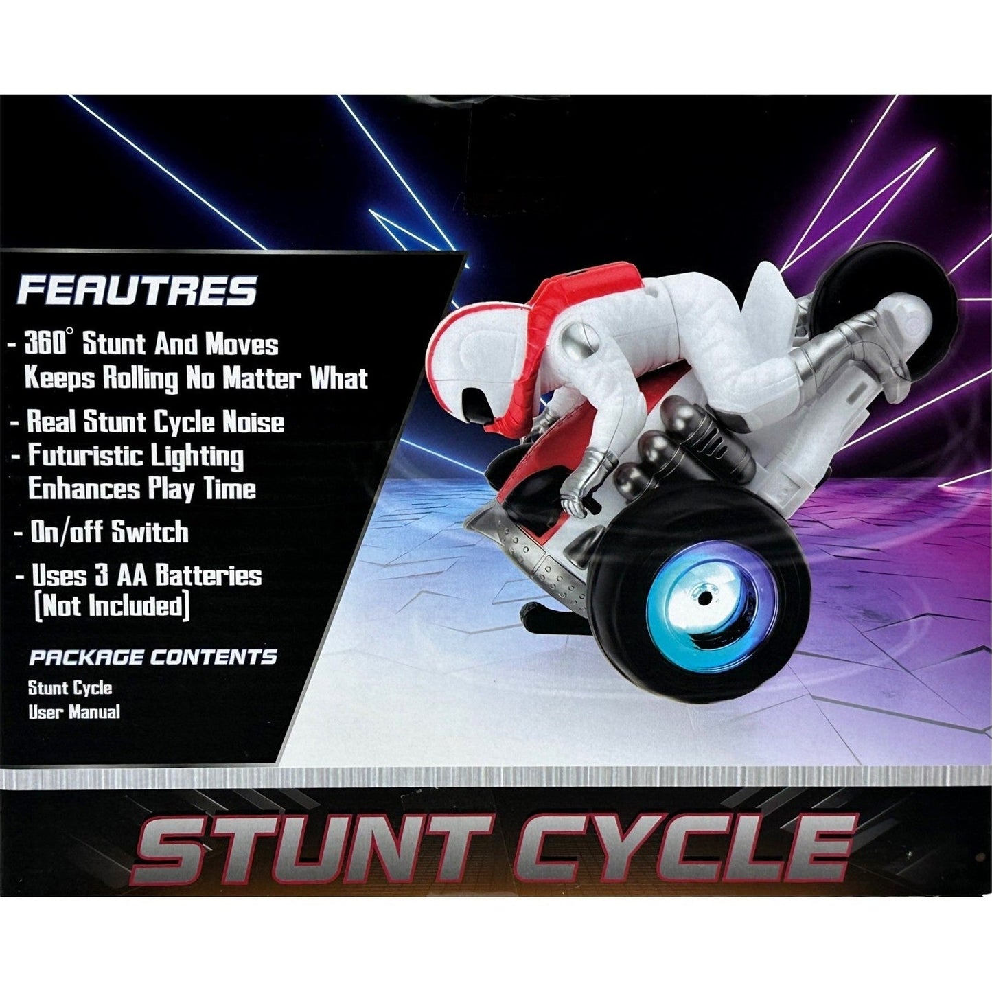 Box of a stunt cycle toy with an astronaut figure on top.