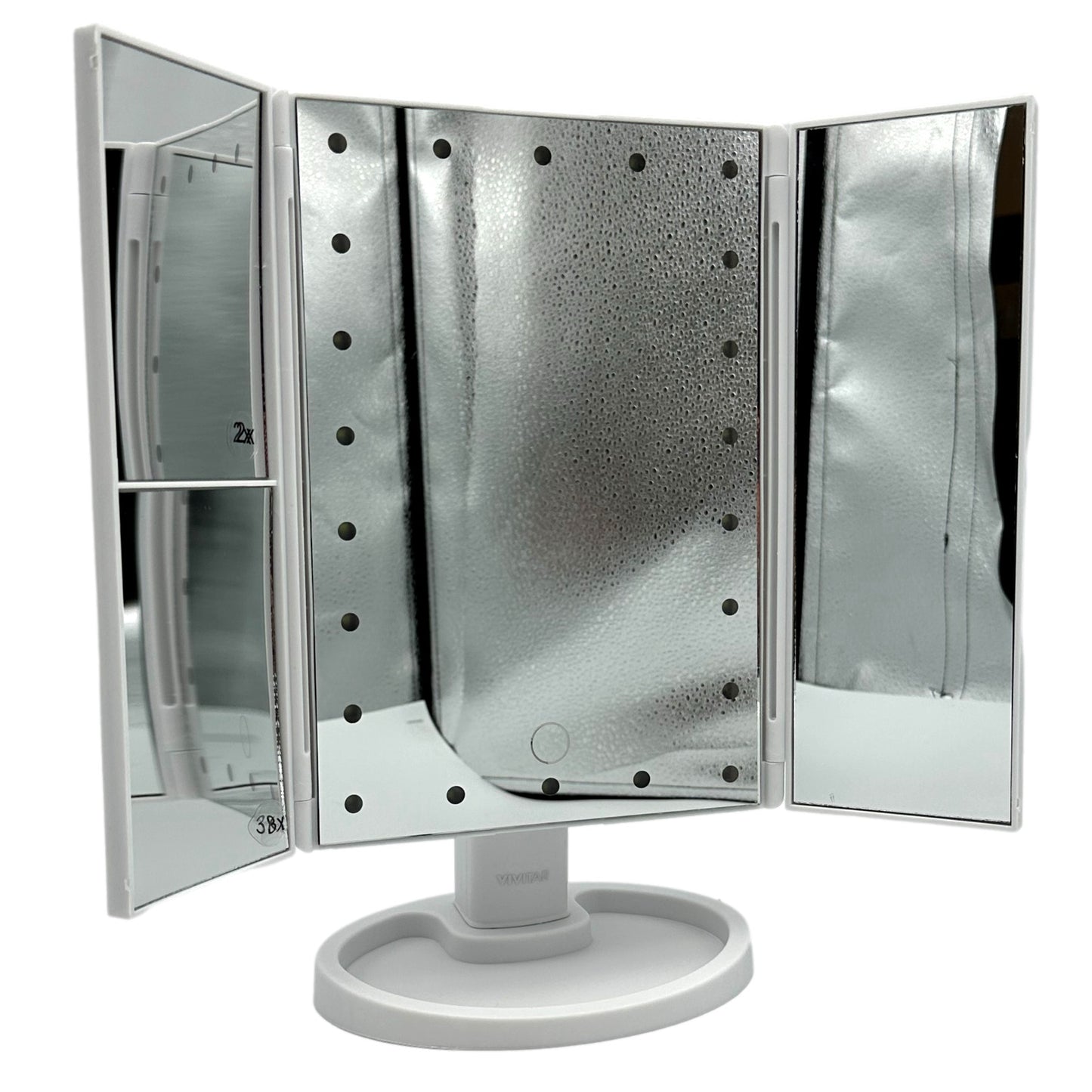 White lighted trifold vanity mirror with magnification.
