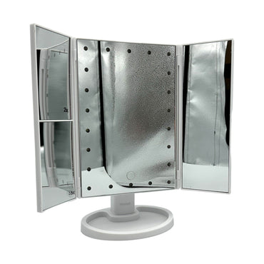 White lighted trifold vanity mirror with magnification.