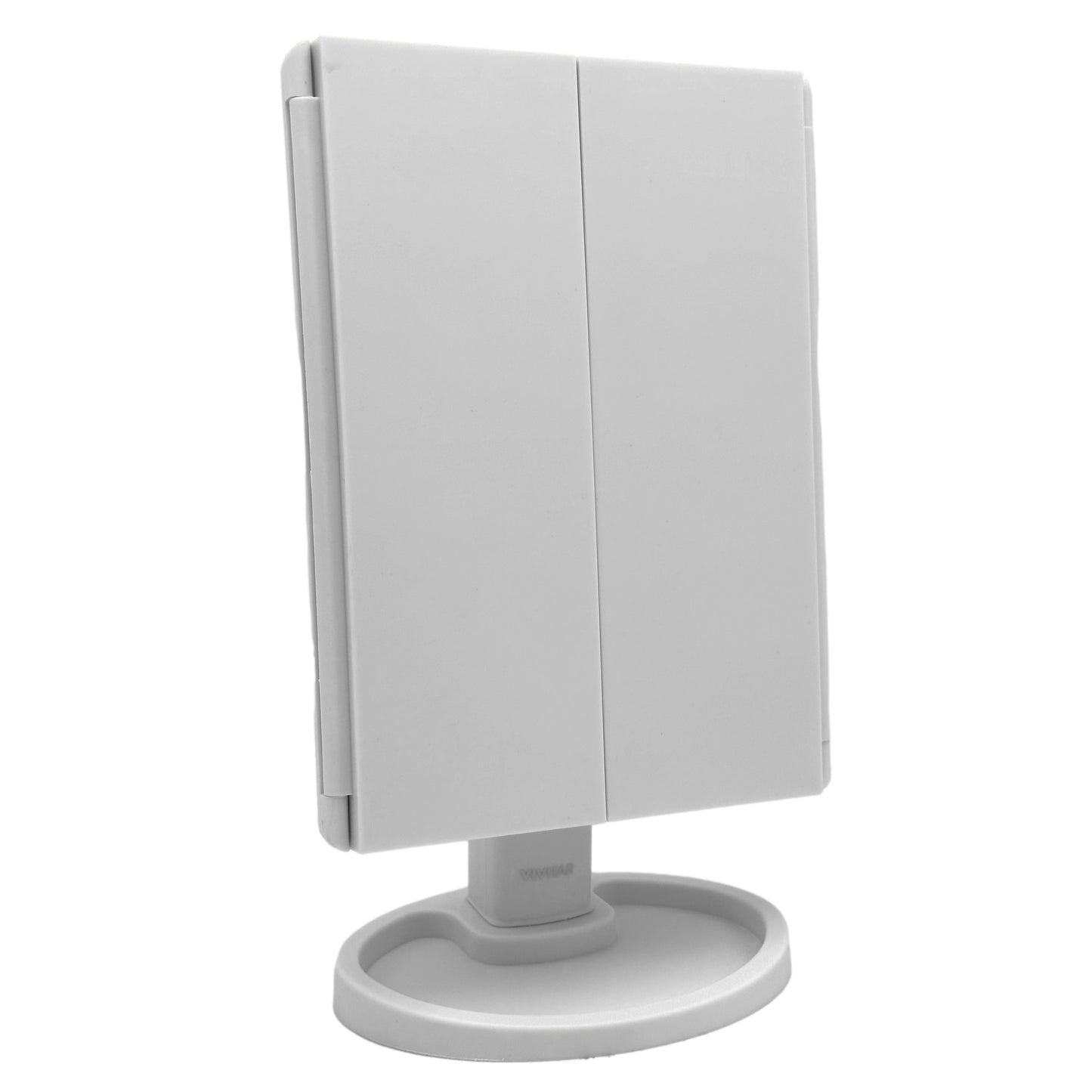A white folding tabletop mirror with a small base.