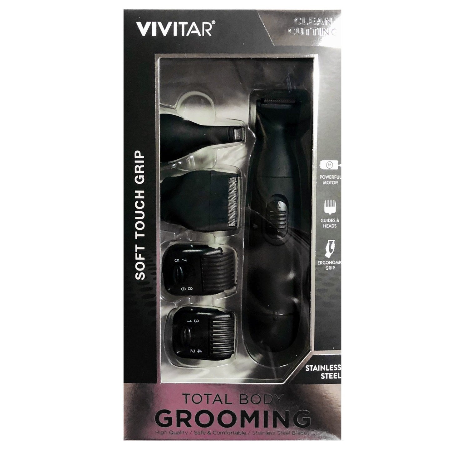 A packaged Vivitar total body grooming kit with multiple attachment heads and a black soft-touch grip.