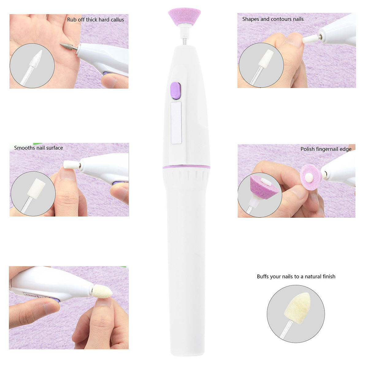 A nail care tool with various attachment options displayed with instructions for usage.