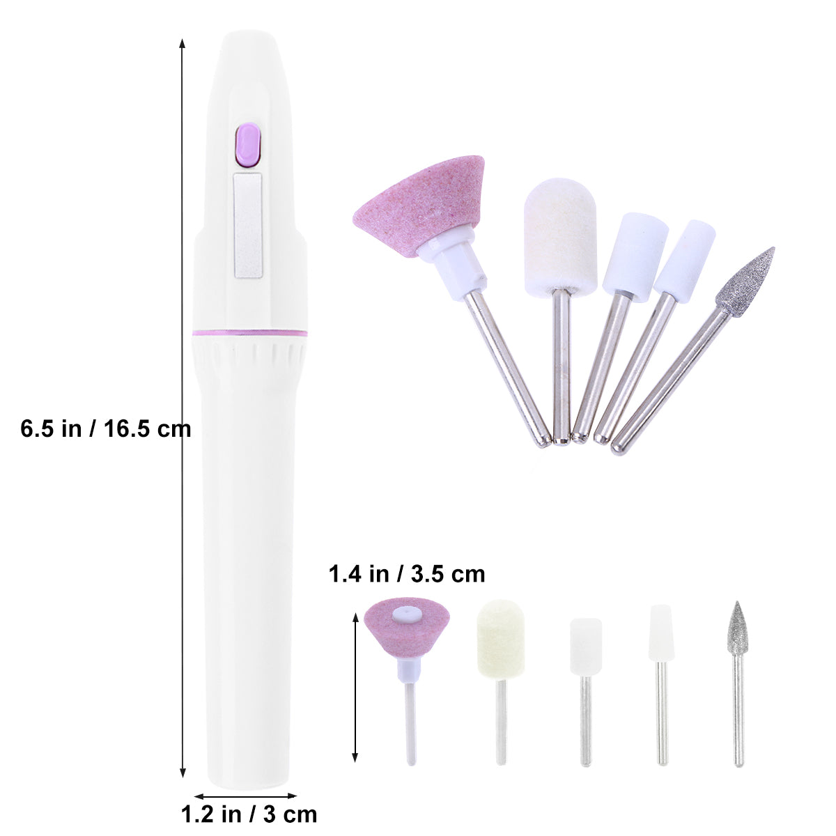 Image of a white electric nail file with multiple attachments.