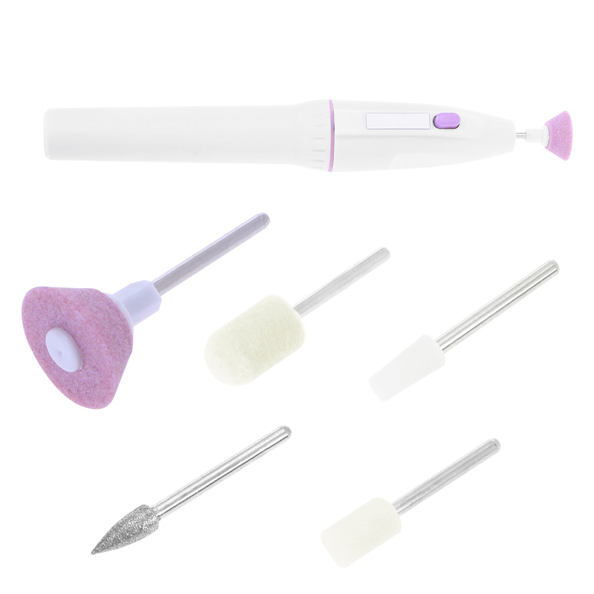 White electric nail filer with various drill bits.
