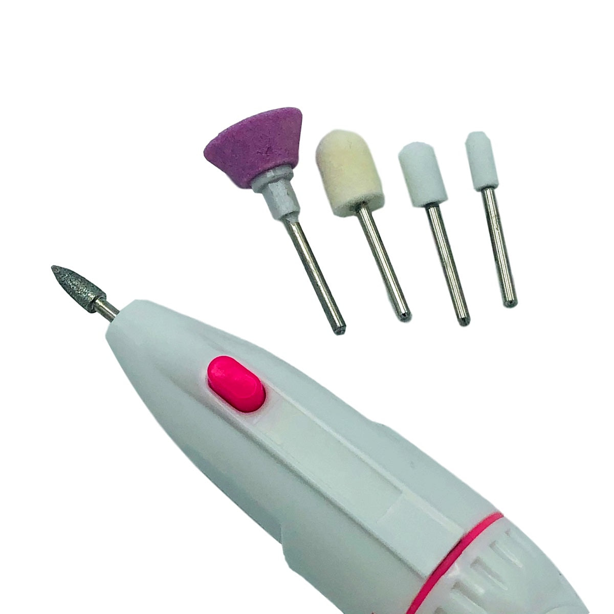 A white electric nail file with several buffing attachments.
