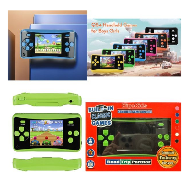 Several handheld game consoles of various colors including blue, green, and yellow. Some are displayed on a desert backdrop, while one is presented within its retail box.