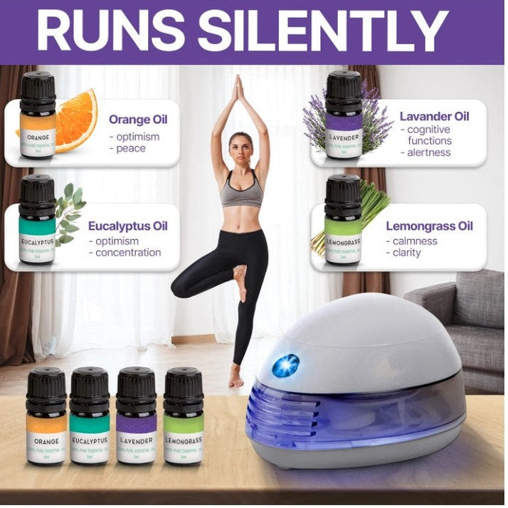 Product image with essential oil bottles, a diffuser, and a woman in a yoga pose.