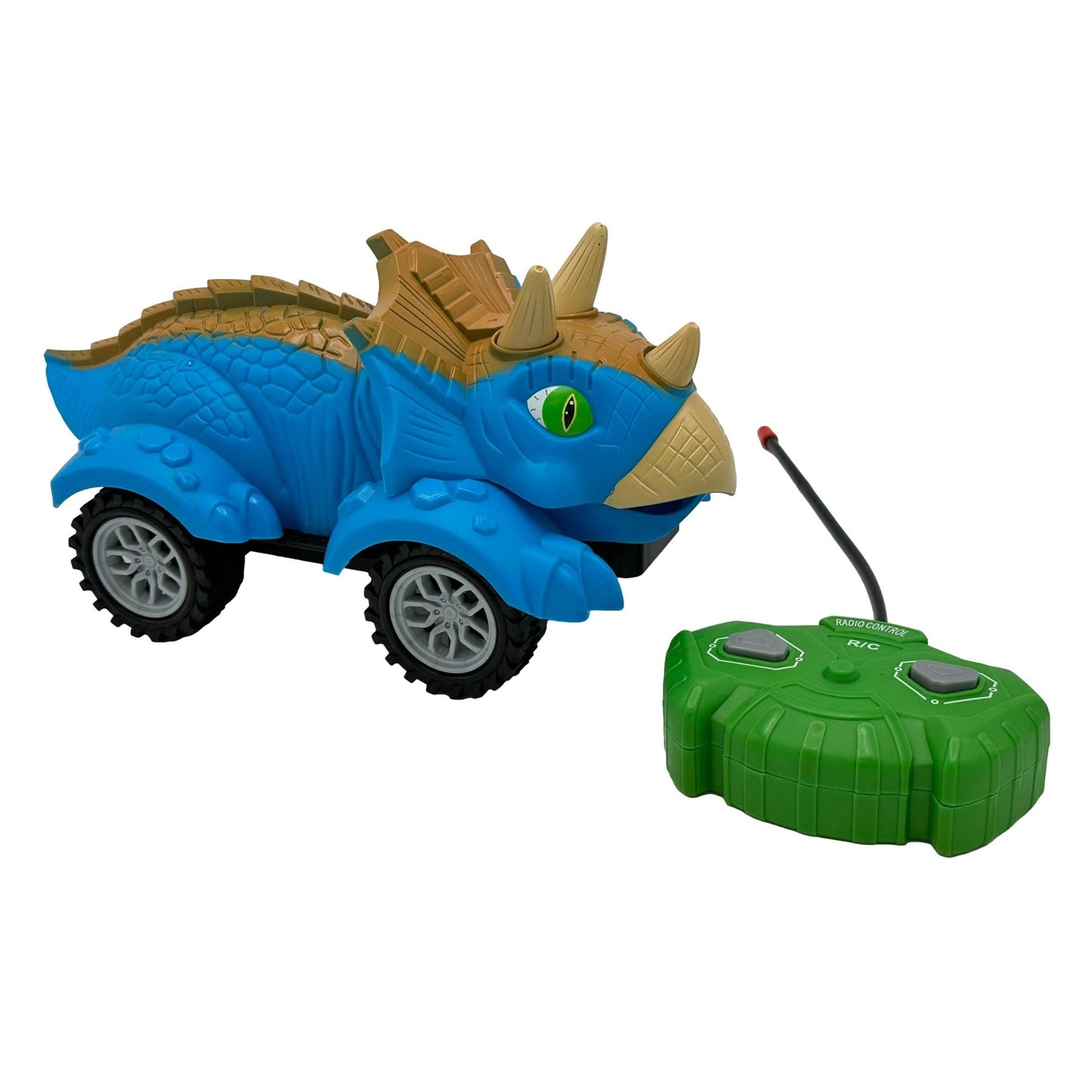 Toy remote-controlled dinosaur car, blue and tan plastic, green remote.