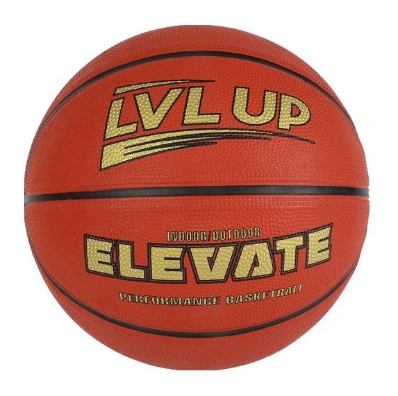 Orange basketball with black lines. "LVL UP" and "ELEVATE" are printed on the ball in gold text.
