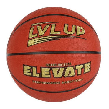 Orange basketball with black lines. "LVL UP" and "ELEVATE" are printed on the ball in gold text.